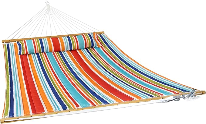 Sunnydaze Extra Large Quilted Hammock with Spreader Bars - 2-Person Hammock for Outside - Caribbean Stripe