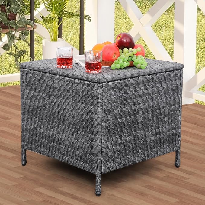 Lviden Outdoor Wicker Storage Side Table, Patio Grey PE Rattan End Table with Storage, Square Container for Furniture Covers, Toys, and Gardening Tools