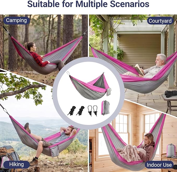Camping Hammocks, Portable Lightweight Parachute with Tree Straps, Single or Double Hammock Without Stand, Nylon Camping Gear for Outdoor Beach Backpacking Hiking, Camping Essentials(Pink & Gray)
