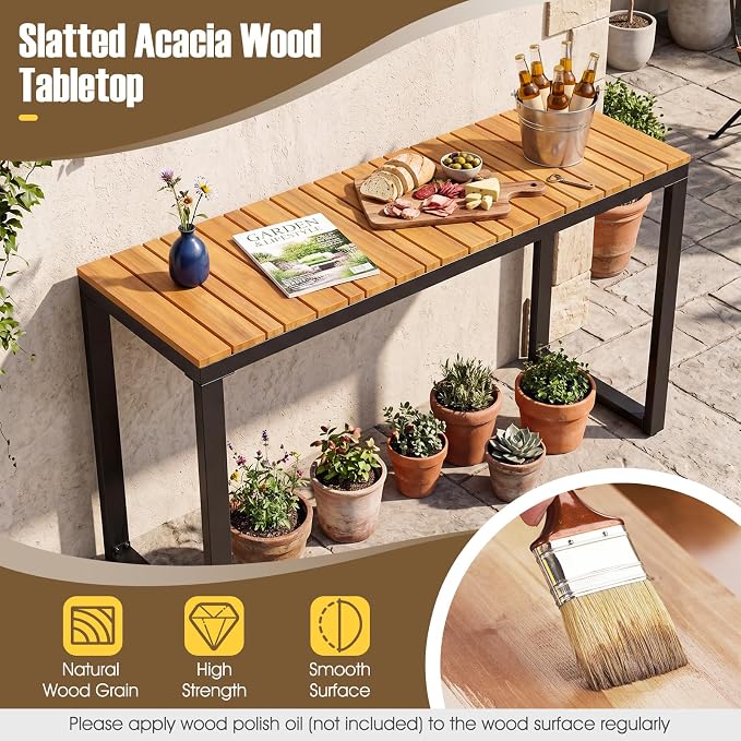 Tangkula Outdoor Console Table, Narrow Patio Dining Table with Acacia Wood Top & Metal Frame, Buffet Table for Small Space, Plant Stand for Deck Poolside Garden Entryway Porch, Natural
