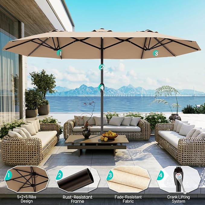 AreShark 15FT Outdoor Patio Umbrella with Crank, Large Rectangular Market Umbrella, Double-Sided Outdoor Umbrellas with Cross Base & Sandbag for Porch, Lawn, Pool, Backyard, Beige