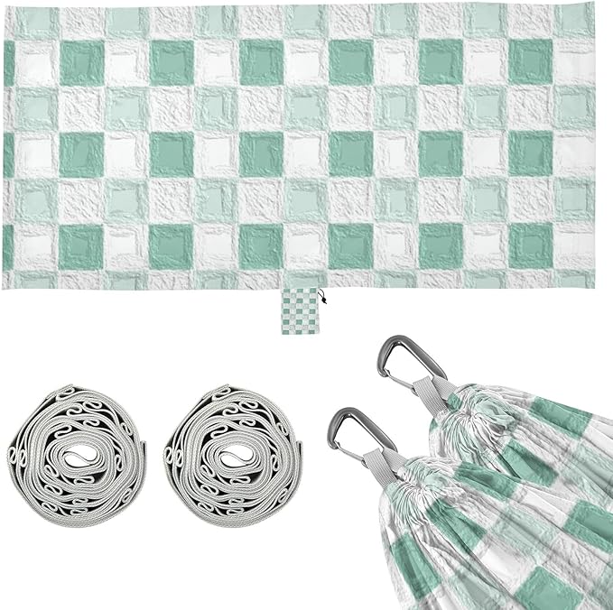 Oil on Canvas Green and White Checkered Pattern 330lb Capacity Hammocks with Tree Straps Backyard Hammock for Patio Backyard Lounge Base hamacas para adultos