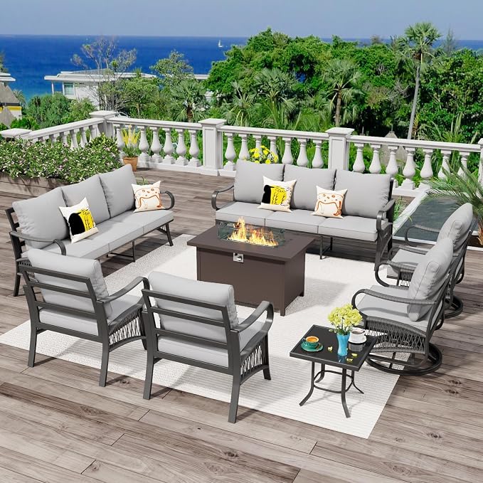 8 Piece Patio Furniture Set, All Weather Metal Outdoor Conversation Set with 50000 BTU Propane Fire Pit Table, 3 Seat Sofa, 2 Swivel Chairs and 5" Cushions for Garden, Porch, Lawn, Grey