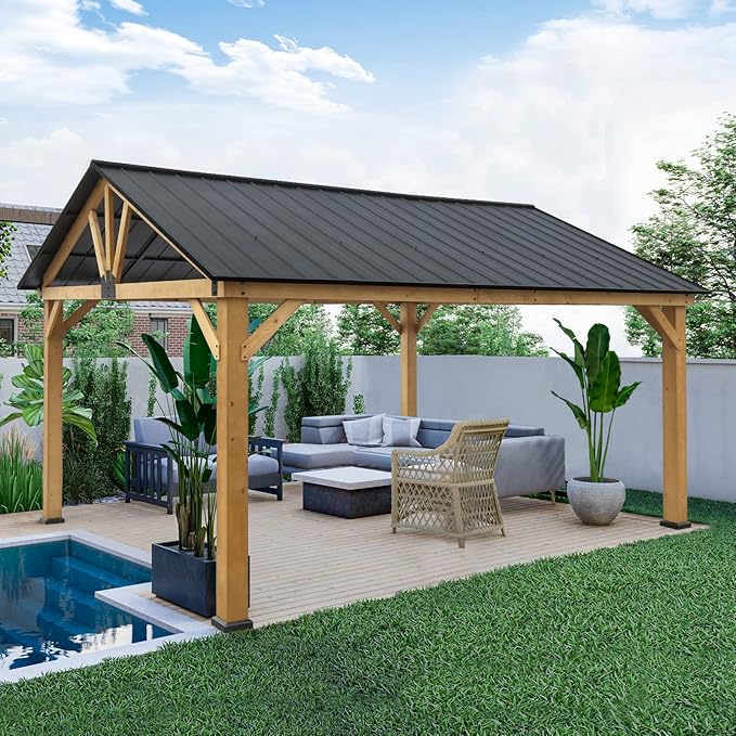 EAGLE PEAK 13x15 Hardtop Gazebo, Exposed Beam A-Frame Gazebo, Galvanized Steel Gable Roof with Cedar Wood Frame, Outdoor Pavilion for Patio, Deck, Lawn and Garden, Natural Wood/Black