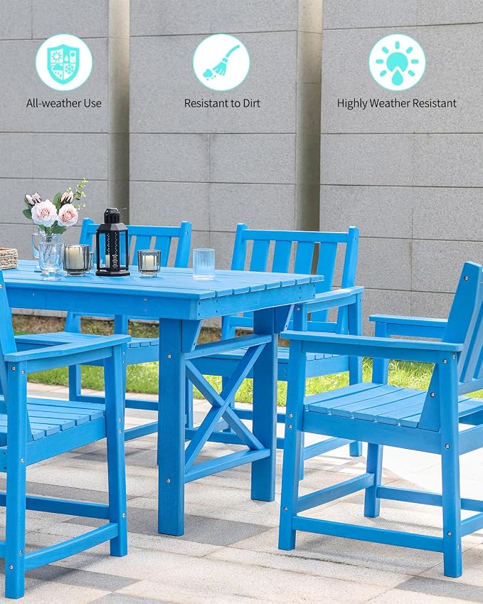 5-Piece Patio Table Set, Outdoor HDPE Dining Furniture Set with Umbrella Hole All Weather Table and 4 Chairs for Lawn, Garden, Poolside, Backyard, Blue