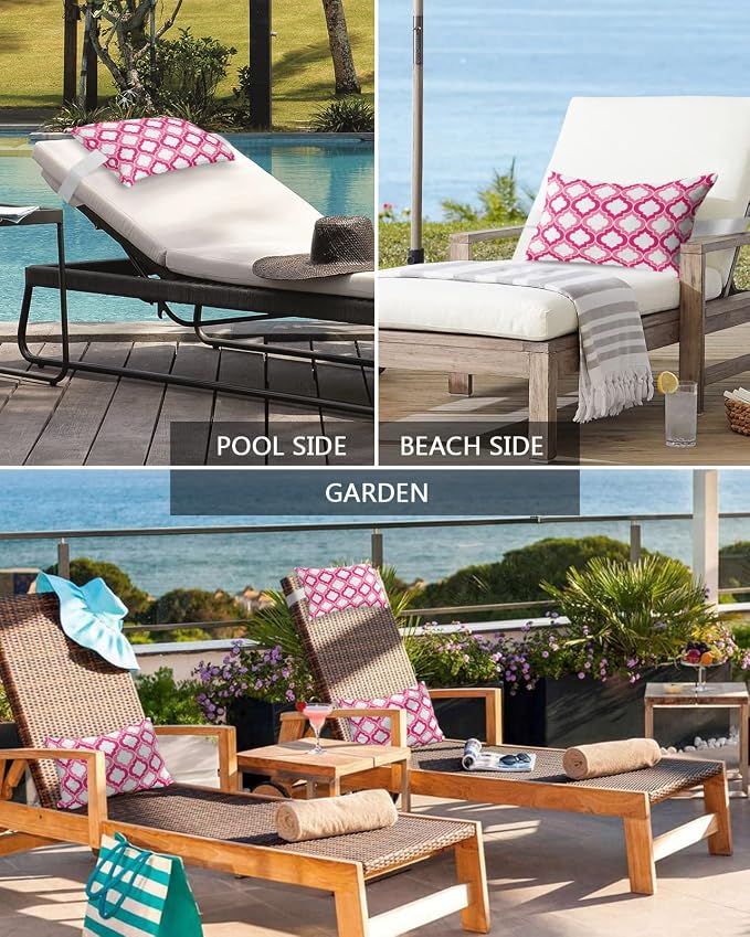 Outdoor Pillows Covers with Inserts Pink and White Moroccan Pattern Geometric Waterproof Recliner Pillow with Adjustable Strap Throw Pillows for Patio Furniture Pool Lounge Chair, 11x16 inch, 1PCS