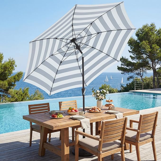 JEAREY 9FT Outdoor Patio Umbrella, Market Table Umbrella with 8 Fiberglass Ribs, Pool Umbrella with Tilt and Crank, UV Protection Lightweight & Wind-Resistant for Lawn, Garden, Deck and Backyard, Black-White Stripe