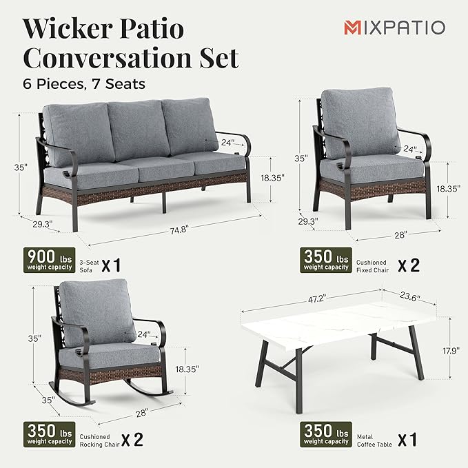 Patio Furniture Set with Coffee Table, Outdoor Conversation Set with 2 x Fixed Chairs, 2 x Rocking Chairs, 1 x 3-Seat Sofa for Lawn Garden Backyard, Grey