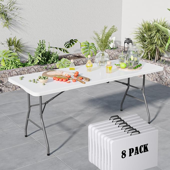 Folding Table 6FT, No Assembly Required Outdoor Picnic Table Thickened HDPE Panel, Office Foldable Table with Handle & Lock for Parties Wedding Camping (White, 8 Pack)