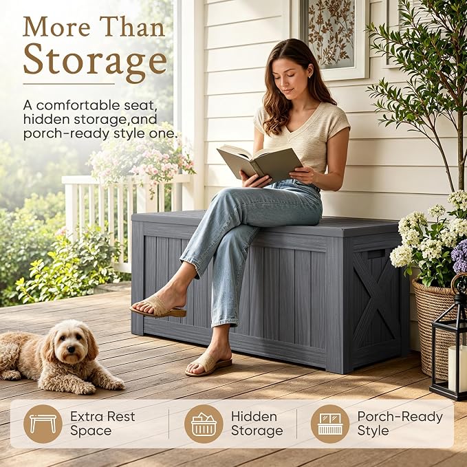 Devoko 120 Gallon Deck Box Resin Outdoor Storage Box Waterproof for Patio, Large Outdoor Storage Bench Lockable for Outside (Grey)