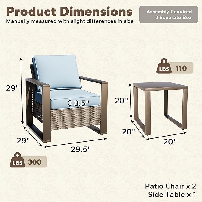 Outdoor Wicker Metal Chairs Set of 2 with Matching Side Table - 3 Pieces Patio Bistro Set with Removable Olefin Fabric Cushions & Rectangular Framed Wood-Looking Metal Armrest, Baby Blue