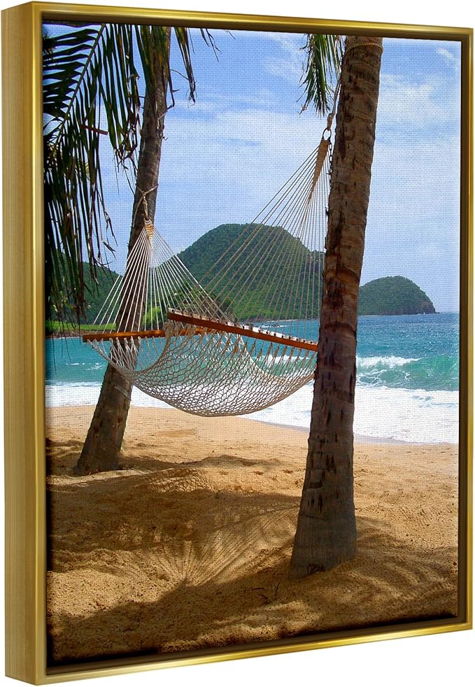 Stupell Industries Hammock on Palm Trees Gold Framed Floater Canvas Wall Art Design by Noah Bay
