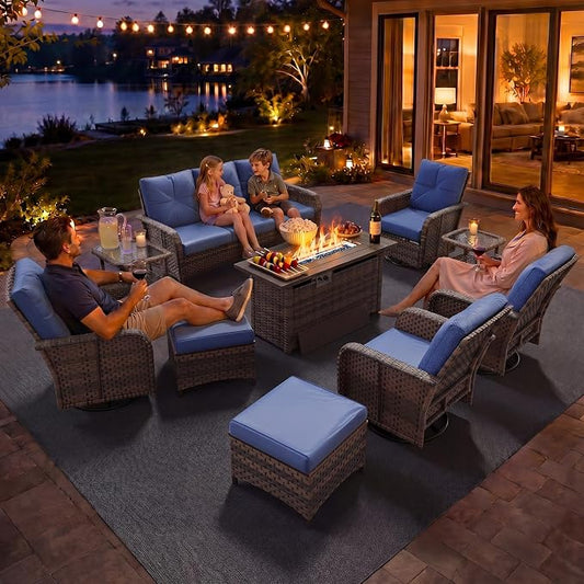 Aoxun 12-Piece Patio Furniture Set with 44” Fire Pit Table, Wicker Outdoor Sectional Sofa with High Back Swivel Rocker Chairs, Outdoor Patio Furniture Set with Thick Cushions & Ottoman, Blue