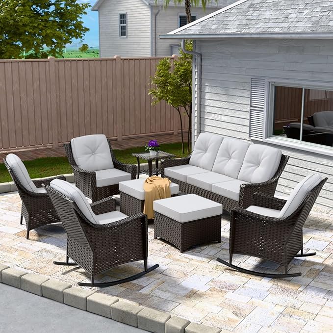 Stone Creek Outdoor Furniture Set with Rocking Chairs, Patio Chairs, 3 Seater Couch, Side Table & Ottomans, Wicker Patio Conversation Set, Balcony Furniture, 8 Piece, Brown/Beige