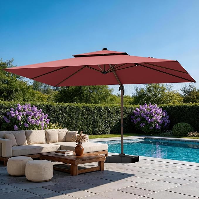 GENTEACO 10x13FT Wood Pattern Cantilever Patio Umbrella, Double Top Rectangle Offset Umbrella 7 Angle Tilts & 360° Rotation, Large Heavy Duty Outdoor Sun Umbrella for Pool Market, Red