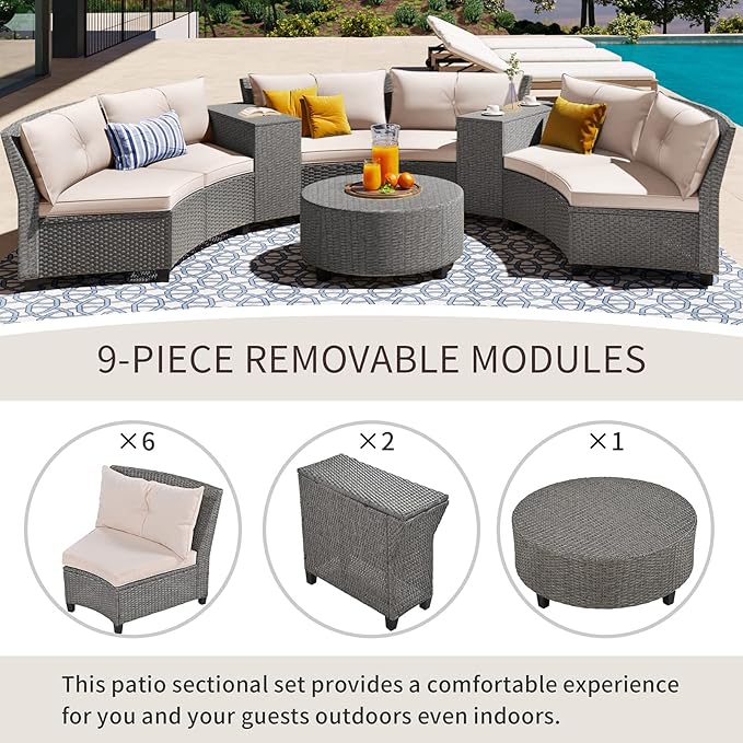 Half-Moon Patio Furniture Sets Outdoor Conversation Set, PE Rattan Sectional Conversation Sofa Set with Thick Cushions and Table for Garden Lawn Pool Backyard, Beige