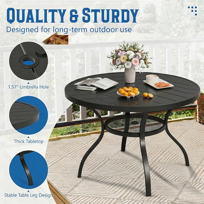 Patio Dining Table, 41" x 41" Outdoor Round Metal Table with1.57 Umbrella Hole, for Backyards, Porches, Gardens or Poolside, Black