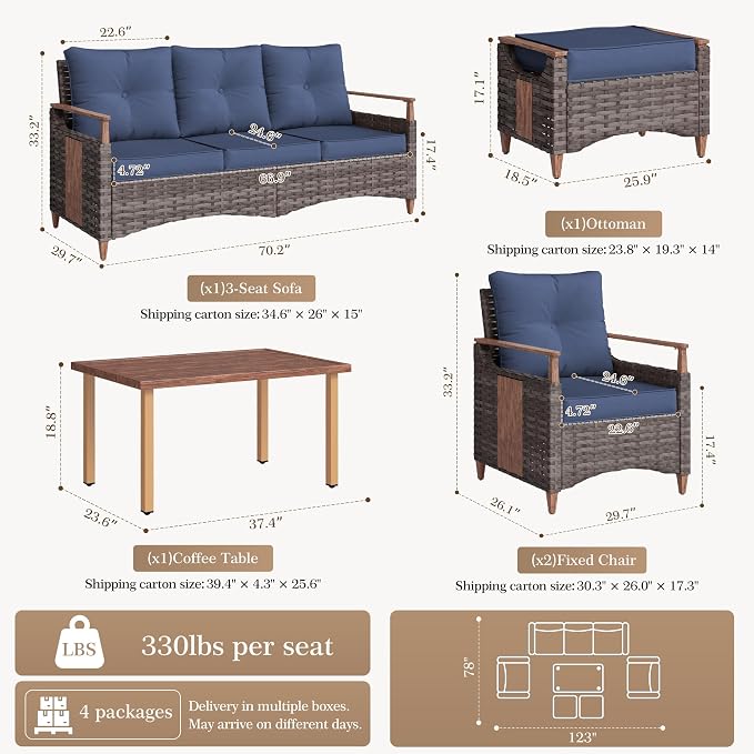 NestNook 6 Pieces Patio Furniture Set, Outdoor Conversation Set with All-Weather Handwoven PE Wicker Sofa, Rattan Chairs and Thick Cushion, Coffee Table & Ottoman for Backyard, Deck & Poolside, Blue