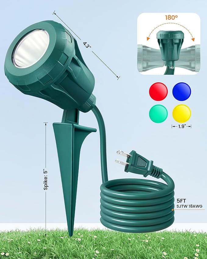 SURAIELEC Christmas Spotlight Outdoor, Create Stunning Holiday Decor with 4 Color Lenses (Red Green Blue Yellow), 800 LM Waterproof LED Landscape Light for Yard, House, Trees, 5 FT Cord, ETL Listed