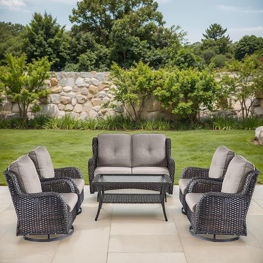 Patio Loveseat Glider Set, Resin Wicker Loveseat Glider with 4 Swivel Patio Chiars Coffee Table, 6 Piece Patio Conversation Set PE Rattan Loveseat Set, Brown Wicker|Grey Cushions