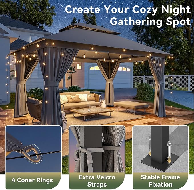 12'x10' Gazebo, Outdoor Gazebo Metal Frame Canopy with Double Roofs, Heavy Duty Patio Tent Shelter with Mosquito Netting and Privacy Screen for Backyard, Grey