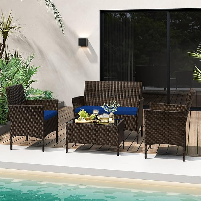 Tangkula 4 Piece Patio Rattan Conversation Set, Outdoor Wicker Furniture Set with Chair, Loveseat & Tempered Glass Table, Cozy Seat Cushions, Outside Sectional Sofa Set for Backyard
