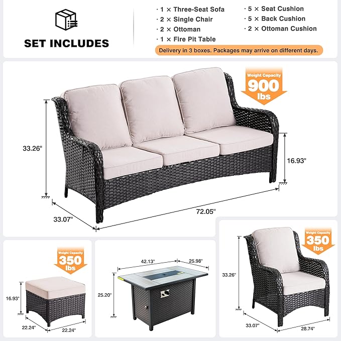ovios 6-Pieces Patio Furniture Set with 42 Inch Fire Pit Table, Outdoor Wicker Sofa Couch Ottomans Comfy Cushions, High Back Modern Conversation Set, Brown Rattan, Beige