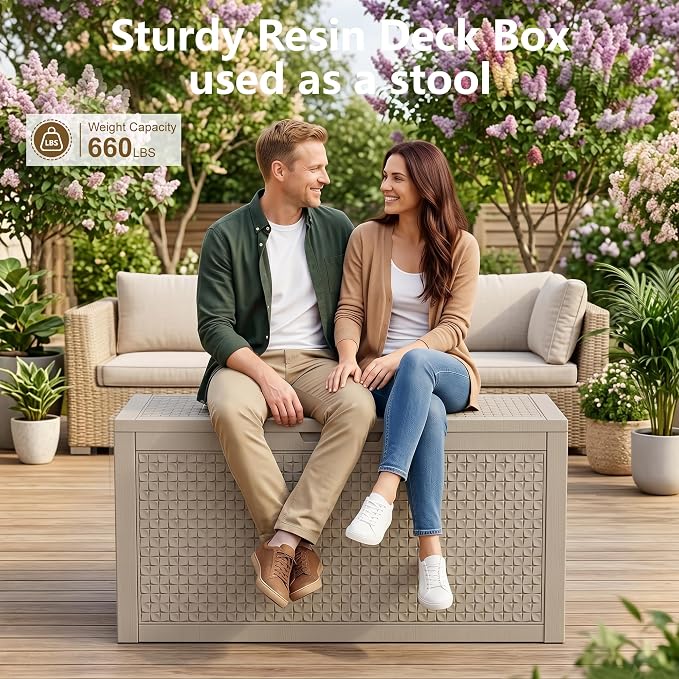 140 Gallon Outdoor Storage Box, Large Resin Deck Box, Waterproof Lockable Storage Container, Storage Bins with Lids for Patio furniture, Garden Tools, Grey