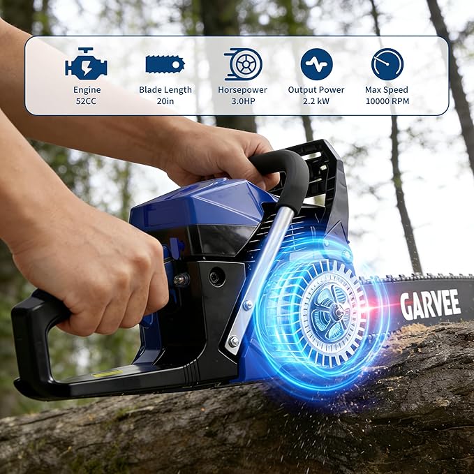 Garvee 52CC Gas Chainsaw, 20 Inch Gas Powered Chain Saw with 2-Stroke Engine, 3-Second Quick Start, Quick Start and Anti-Vibration System for Heavy-Duty Logging, Firewood and Woodworking