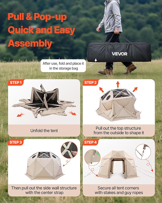 VEVOR Pop Up Gazebo Screen Tent, 12 x 12 ft Large High 13-Sided Camping Canopy Tent with Removable Top & Carry Bag, Quick Set & Bite-Proof Mesh Screen Sun Shelter for 8-10 Persons Backyard Patio