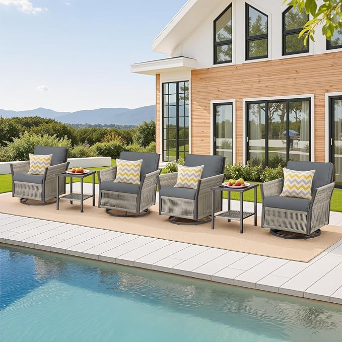 6 Piece Wicker Patio Furniture Set with Side Table, Outdoor Swivel Rocker Chairs Set of 4 with Glass Side Tables Set of 2, Patio Conversation Set for Casual Gathering (Grey)