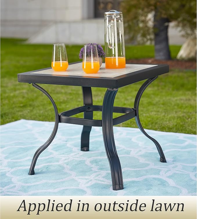 20.9" Outdoor Table Bistro Table with Ceramics Top Black Metal Frame Square Side Table for Bistro Balcony Deck, Off-White