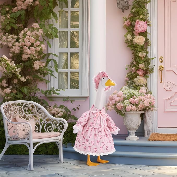 Guiquilai 2Pcs Pink Bow Porch Goose Outfit Dress Hat for 23 Inch Lawn Goose | UV Fade Resistant Polyester, Fit For 23 Inch Goose, Slip On Tool Free Wear, Pink Bow Dress Hat Set, for Easter Lawn Decor