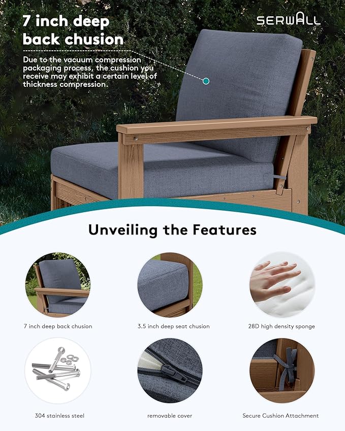 SERWALL HDPE Patio Sofa Set, 4-piece Outdoor Sectional Furniture Set, All Weather Outdoor Couch Set Patio Furniture Set for Deck, Lawn, Brown Frame with Grey Cushion