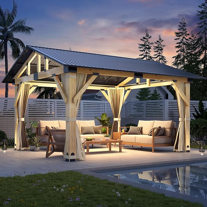 COVERONICS 11’x13’ Outdoor Outdoor Wood Gazebo - Patio Gazebos with Galvanized Steel Roof, Cedar Wooden Gazebo with Privacy Curtains and Netting for Garden, Porch, Patio and Deck