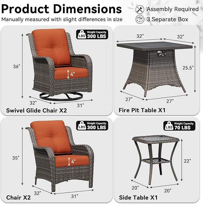 6 Pieces Outdoor Wicker Patio Furniture Set with Fire Pit Table, Patio Chair Set with Thickened Olefin Cushions, High Back and Deep Seating, Hand-Woven PE Rattan for Porch, Deck