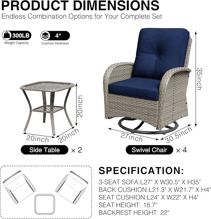 Joyside Wicker Patio Furniture Set, 6 Piece Outdoor Furniture Set with Thickened Cushions, High Back, Deep Seating, Wide Armrest, Outdoor Swivel Rocker Chairs for Porch, Deck