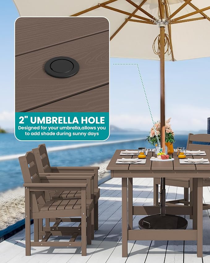 SERWALL 6 Pcs HDPE Dining Set, Includes 1 Table, 1 Bench & 4 Chairs, Coffee | Outdoor Dining Set with Bench, All-Weather Resistant SERWALL Dining Set for patio