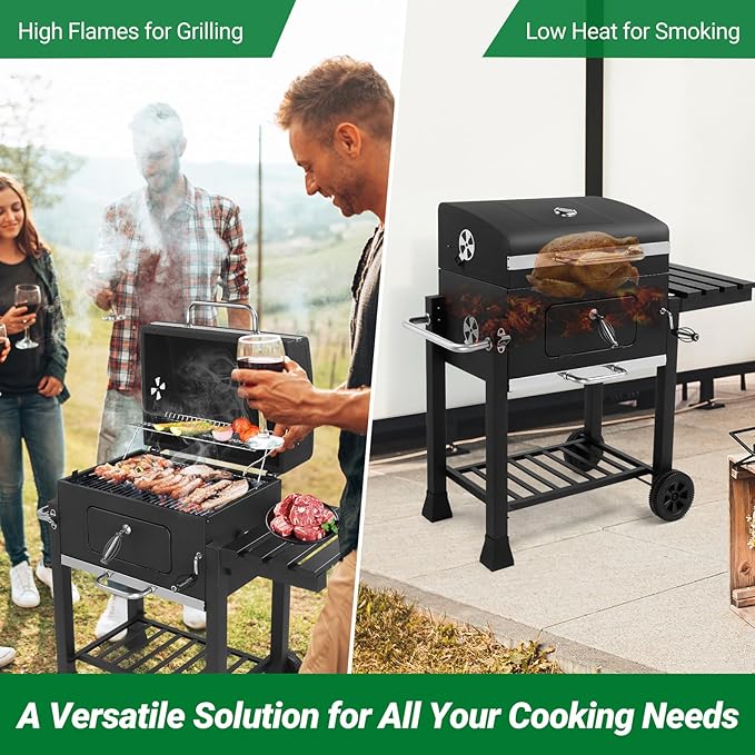 Outdoor BBQ Charcoal Grills,Heavy Duty Charcoal Grill,Metal Outdoor Barbecue Smoker,Portable Camping Barbecue Grills,with Foldable Side Tables,for Garden, Backyard, Patio, Picnics, Party (Black)