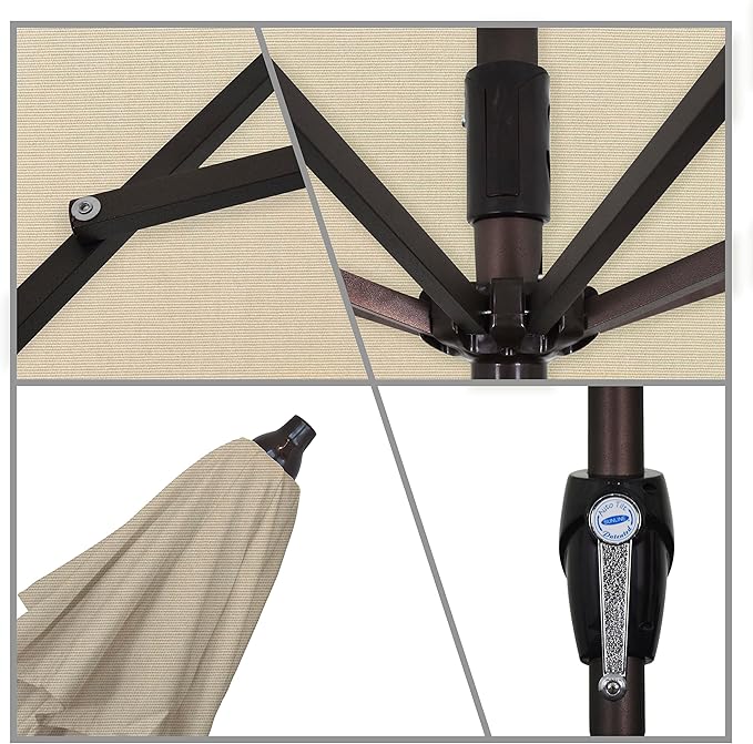 California Umbrella 7.5' Round Sunbrella Aluminum Outdoor Deck, Pool or Patio Umbrella, Crank Lift, Auto Tilt, Bronze Pole, Antique Beige