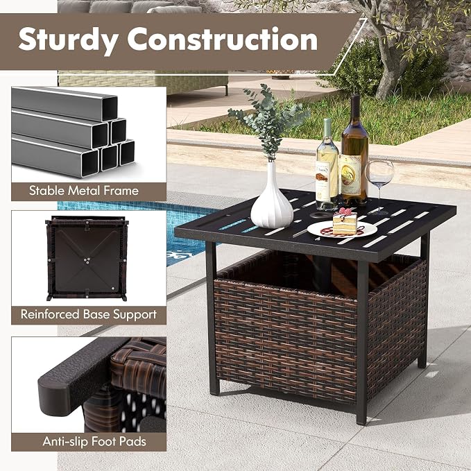 Tangkula Outdoor Table with Umbrella Hole, Rattan Umbrella Stand Table, Wicker Outside Side Table with Steel Metal Frame, Patio Bistro Table for Deck Garden Pool Yard, 22 x 22 x 18.5 Inch (Mix Brown)