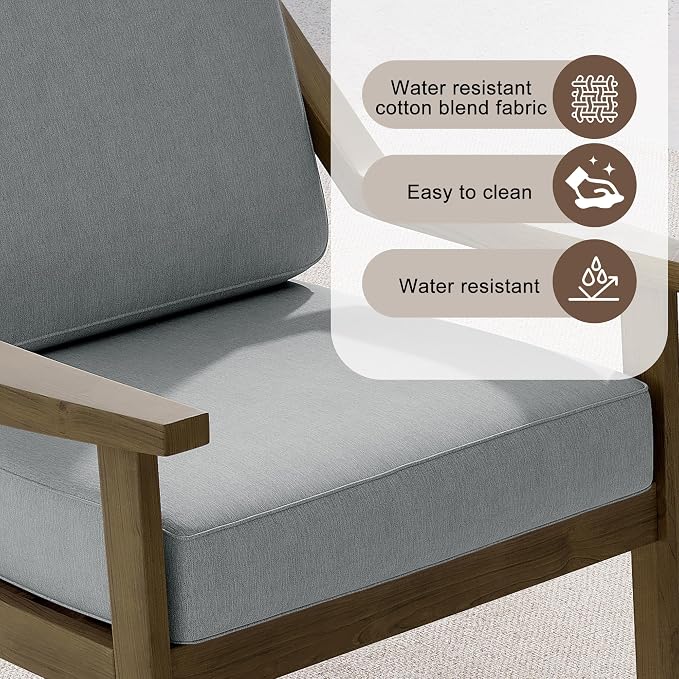 Outdoor Patio Furniture Set, 2 Piece Outdoor Patio Sofa Armchairs with Washable Thick Cushions, All-Weather Solid Wood Patio Bistro Set for Porch, Balcony, Natural Frame & Gray Cushion