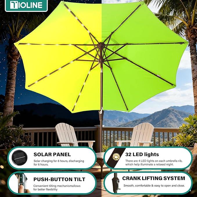 9FT Solar-Powered LED Patio Umbrella with Tilt Crank,Outdoor Market Umbrella with 32 Lights,Sunshade for Deck, Garden and Pool