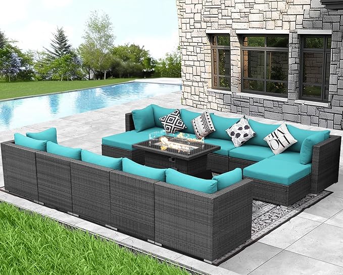 NICESOUL 13 Piece Patio Furniture w/Fireplace, Elegant Outdoor Seating w/Firepit, XL Size 29.3'' High Back Sectional Sofa, All-Weather Rattan Deck Couch, Modular Sturdy Conversation Set, Gray & Teal