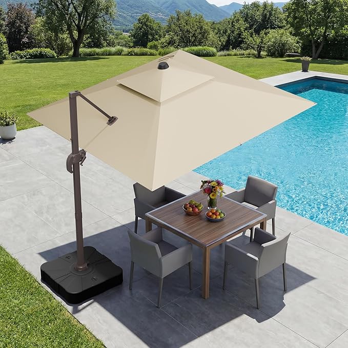 GENTEACO 10X10 FT Cantilever Umbrella, Large Offset Patio Umbrella with Double Top, 6 Angle Tilts & 360° Rotation, Large Square Sun Umbrellas for Outdoor Patio Pool Deck Market, Beige