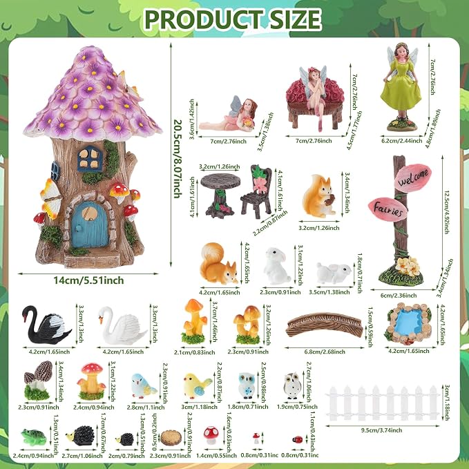 60 Pcs Solar Fairy Garden House Resin Kit | with Lighted Cottage Miniature Fairy Garden Accessories Set for Outdoor Patio Yard Planter Decor DIY Fairy Garden Kit (Fairy)