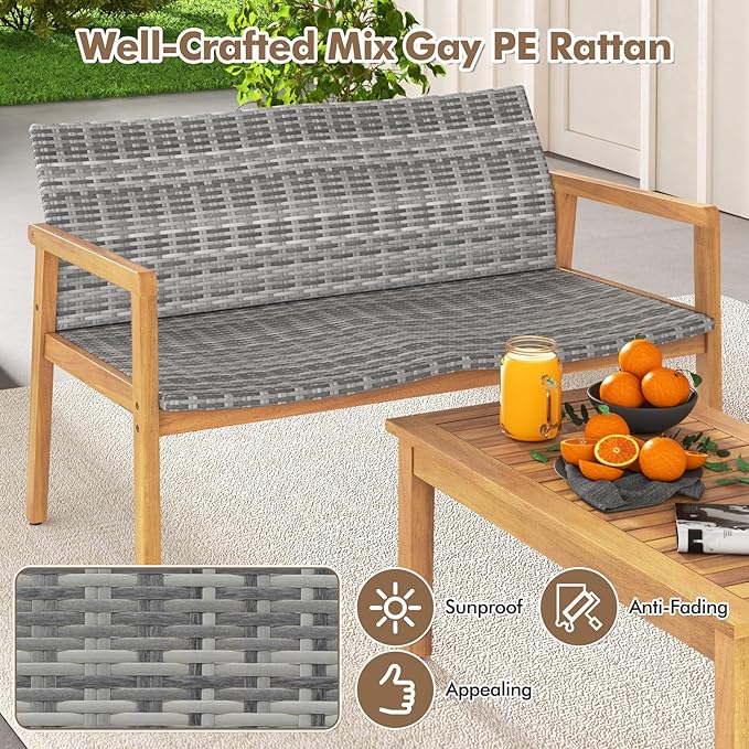 Tangkula 4 Pieces Outdoor Furniture Set, Acacia Wood Frame Sofa Set w/Rattan Seat & Back, Patio Conversation Set w/Coffee Table for Balcony, Poolside, Backyard (Mix Gray)