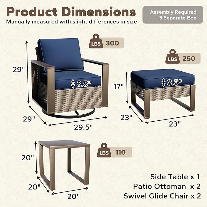 5 Pieces Metal Wicker Patio Furniture Set - 2 Swivel Rocker Chairs and 2 Ottomans, 1 Side Table, All Weather Rattan Outdoor Conversation Furniture with Washable Cushion for Deck Porch, Dark Blue