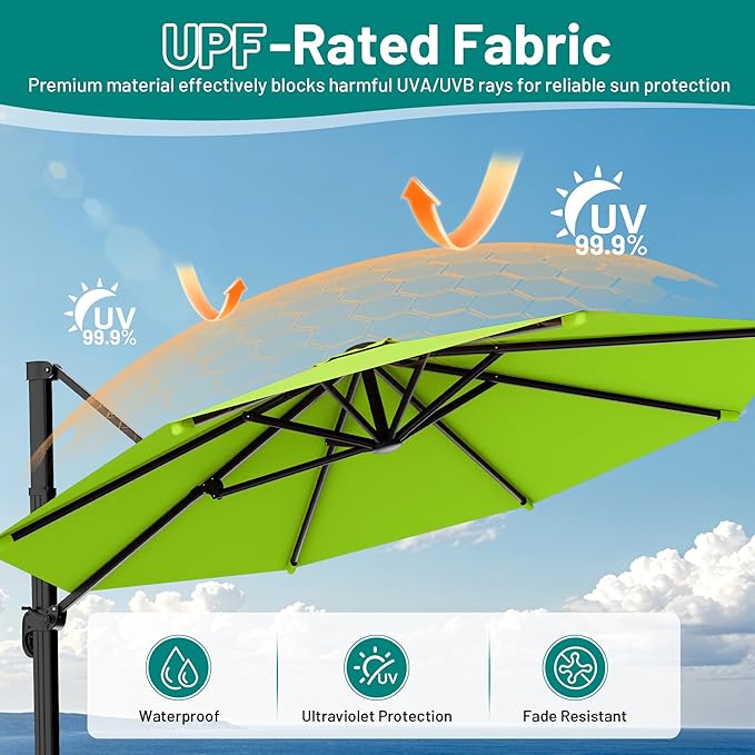AreShark 11FT Round Cantilever Patio Umbrella with Base Included, 360° Rotation Offset Outdoor Umbrella, 5 Tilt Settings Heavy Duty Hanging Parasol for Deck Garden Pool, Apple Green