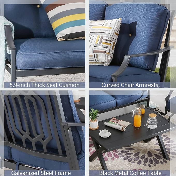 Patio Conversation Set 4 Pieces Metal Outdoor Furniture Sets Outside Loveseat with Rocking Chairs Coffee Table Thick Cushions (Blue)